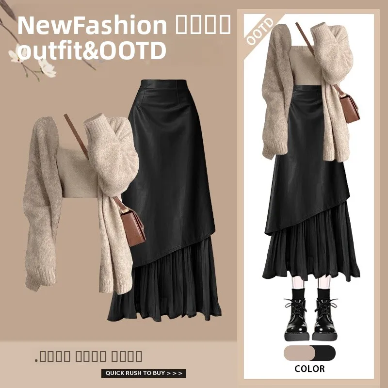 

Ladies' Lazy Sle Plaid Skirt And Knitwear Two-Piece Set High Waist Vintage Autumn Early Season Slimming Effect