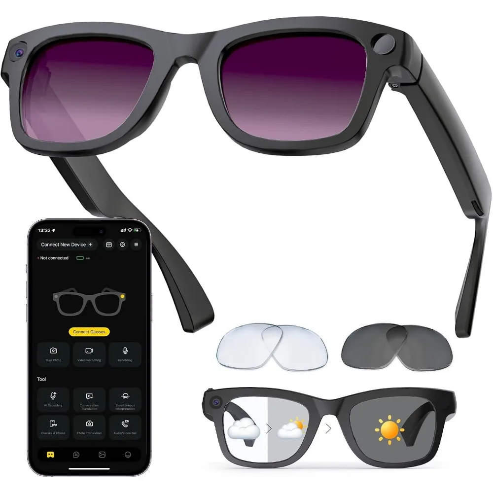 AI Translation, Bluetooth Calling, 8-hour Music Playback Smart Glasses, Purple Lens With Camera, Audio