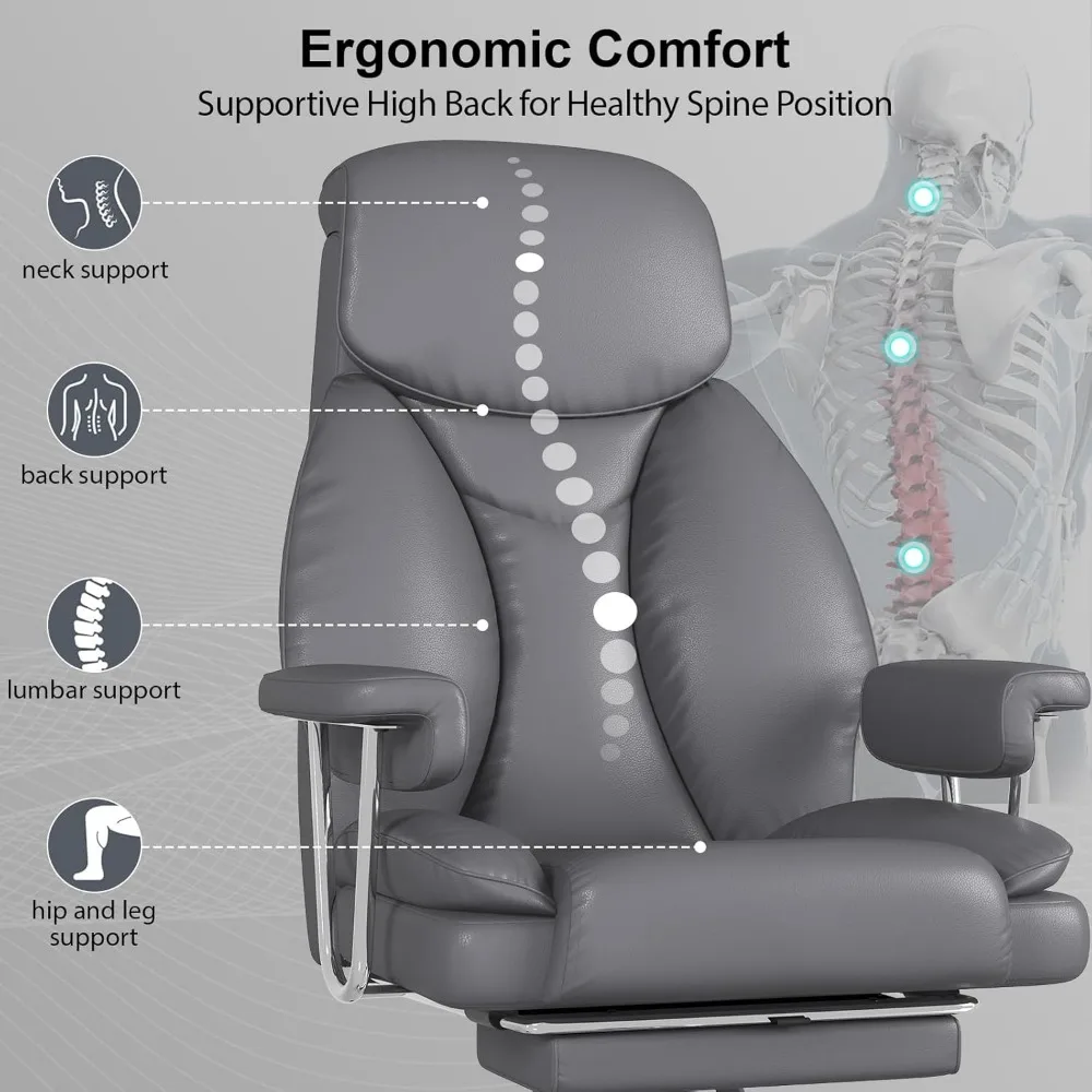 Ergonomic High Back Leather Office Chair for Big and Tall, Executive Desk Computer Chair with Footrest and Padded Arms