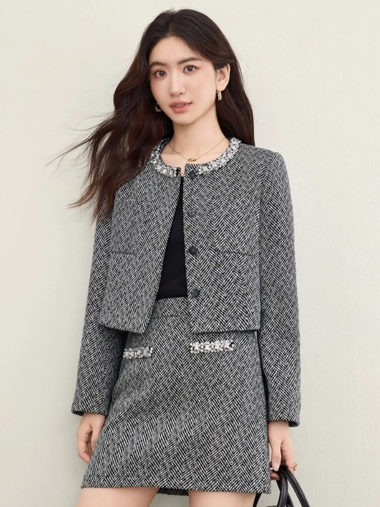 

SENTUBILA Wool Blend Skirt Set for Woman Wool Long-sleeve Coat Wool A-line Skirt 2025 Autumn Two Piece Sets Elegant 153ZA3343