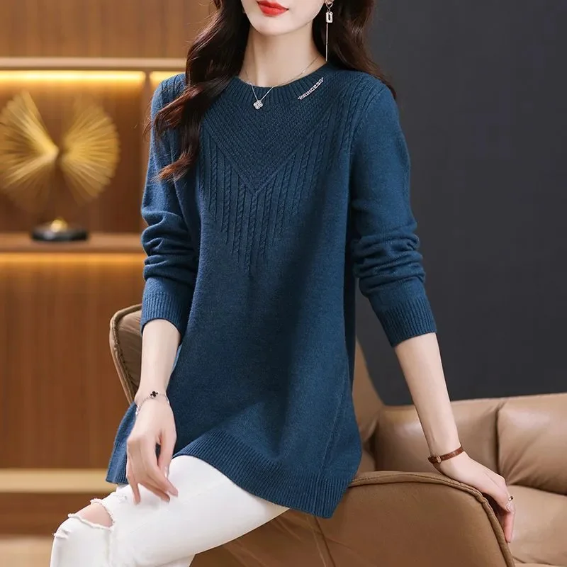 عالية الجودة سترة المرأة خريف شتاء 2025 معطف جديد الياقة المستديرة تريكو سيدة طويلة قاع قميص فضفاض سترة بلايز السيدات