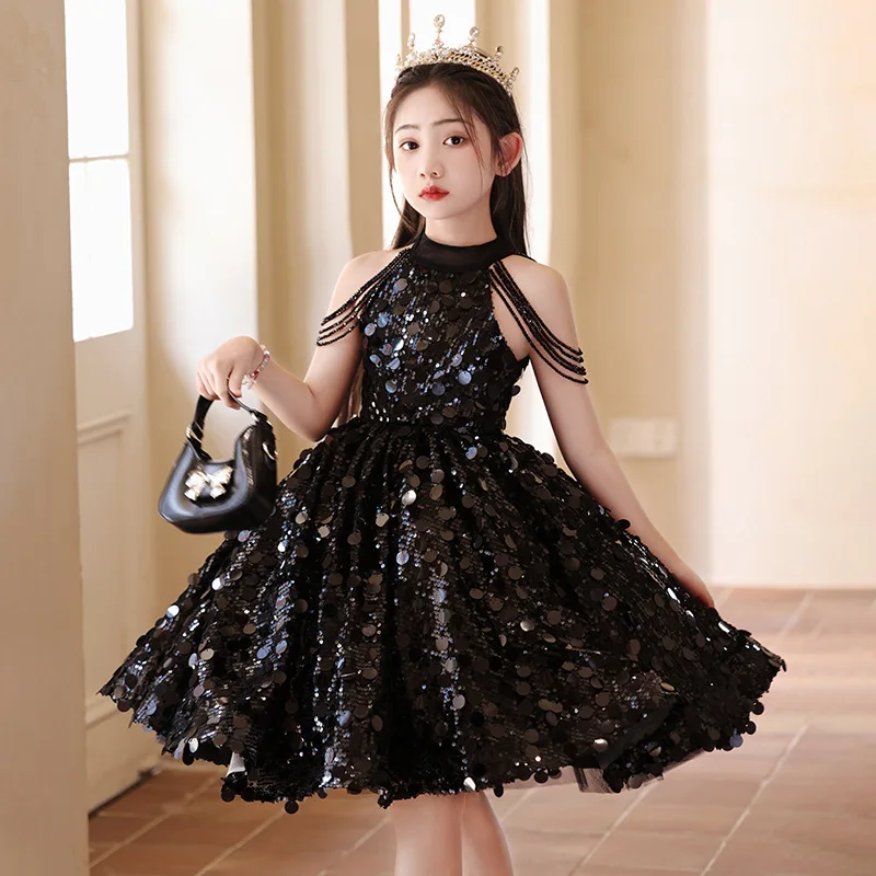 Luxury Flower Girl Dress Shiny sequin Girls birthday party Dresses for Wedding halter Sleeveless Kids Halloween Ceremonial Dress