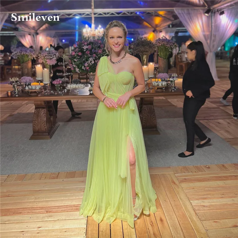 

Smileven Fashion Yellow Prom Dresses Beach Sweetheart One Bow Straps Floor Length Evening Party Dress 2023