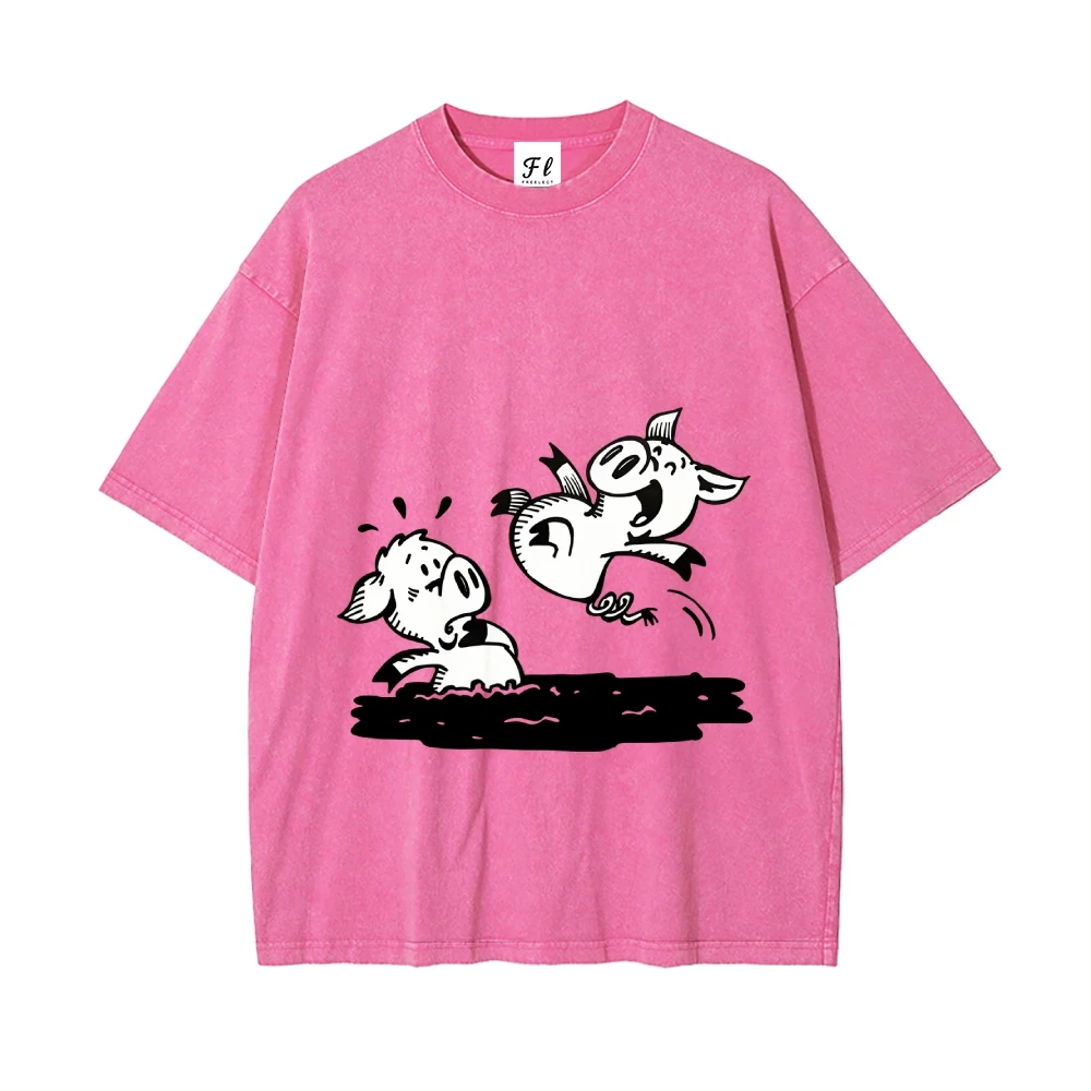 T-shirt vintage lavata streetwear con stampa di maiali dei cartoni animati, estetica in difficoltà, design divertente, abbigliamento quotidiano confortevole e alla moda