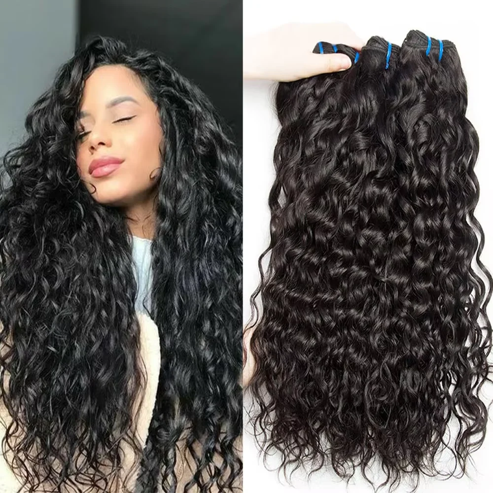 Natural Water Wave Human Hair Bundles Curly Deep Wave 3 Bundles Brazilian Natural Black Human Hair Remy Hair Human Hair For Autumn and Winter School Start Season Wholesale