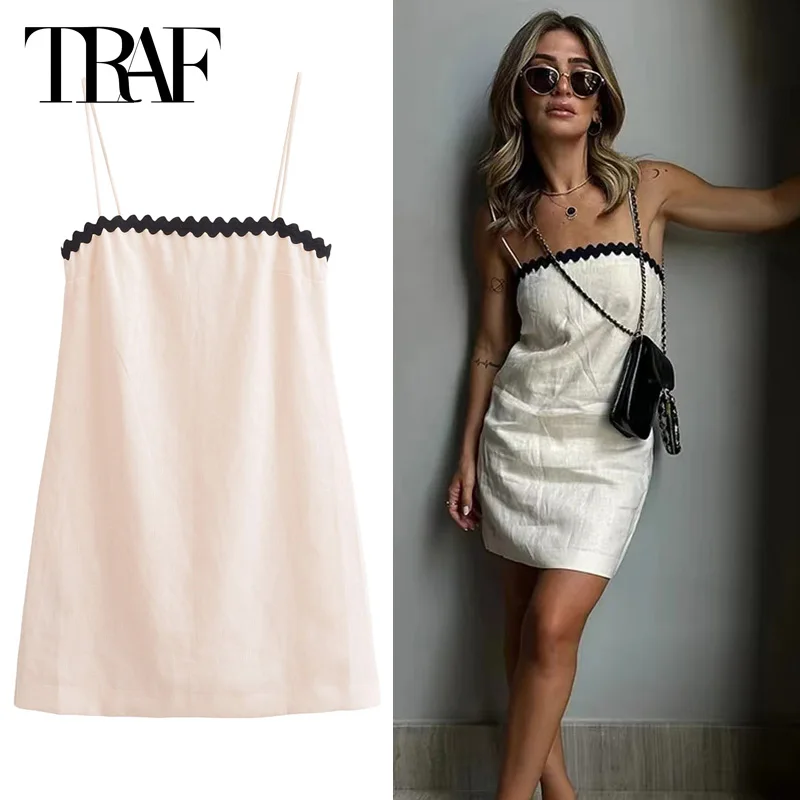 TRAF Strapless Contrast Dresses Summer One-Piece Dress Womens Mini Linen Blended Sleeveless Backless Dress Casual Vacation Dress