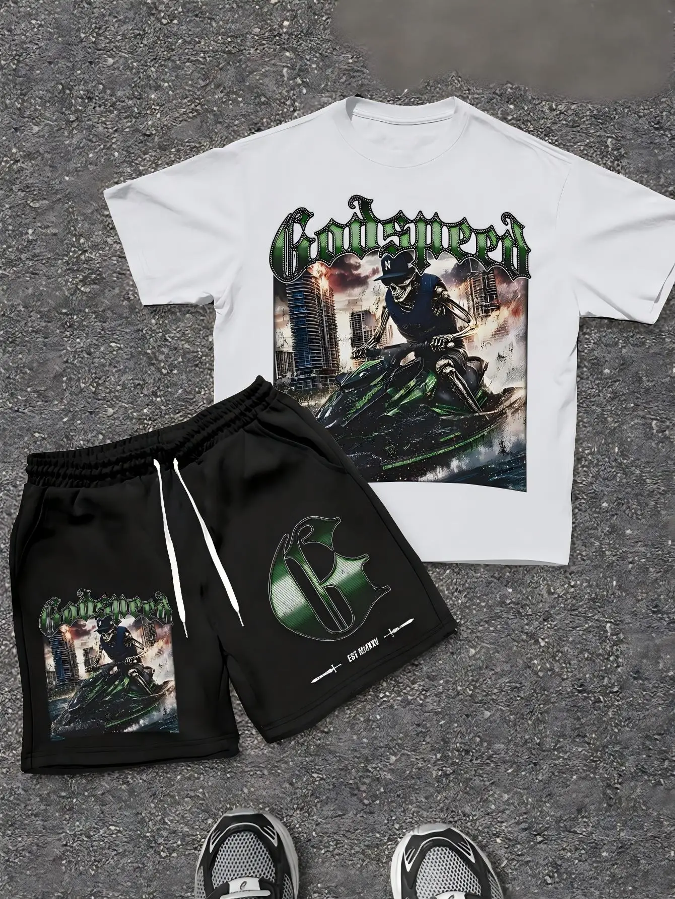 

2026 Summer New Men's Short-Sleeved Set with 3D Skull Pattern Print - Street Casual Fashion Comfortable and Soft