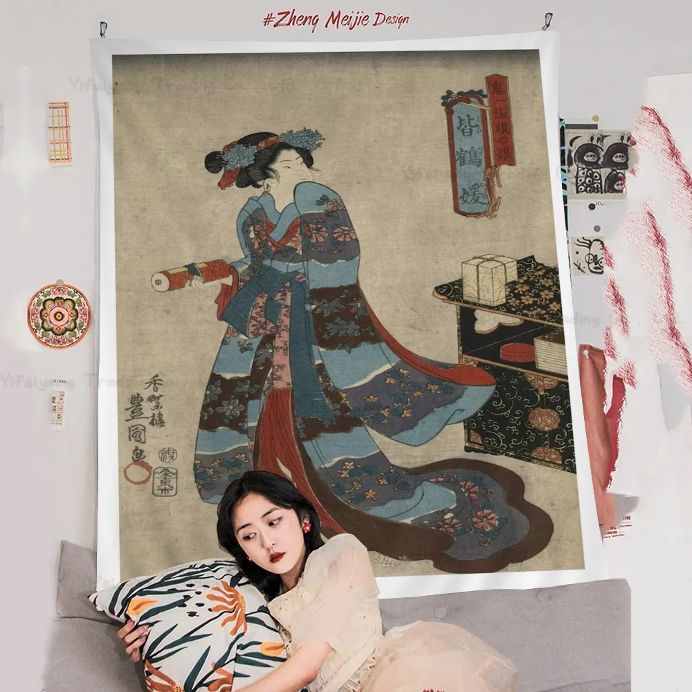 

Japanese Woman (1860s) Vintage Painting Printed Large Indian Buddha Wall Decoration Witchcraft Bohemian Hippie Wall Art Decor