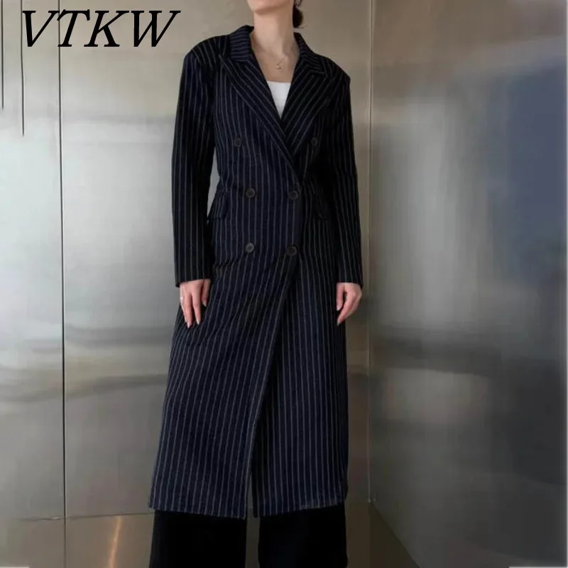 

VTKW 2025 Spring Women's Pinstripe Trench Coat Lapel Double-breasted Long Sleeve Elegant Office Outerwear Fashion Coat