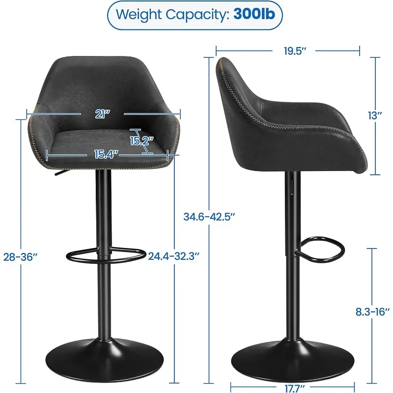 Conjunto de 4 bancos de bar, bancos de bar giratórios de couro PU com altura de balcão, cadeiras de bar ajustáveis com encosto e apoio para os pés