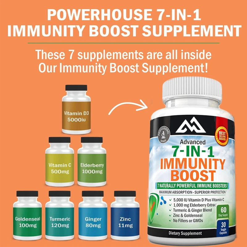 7-in-1 immune enhancement support supplement containing zinc,vitamin C,vitamin D, 5000 IU, elderberry, turmeric, D3, 60 capsules