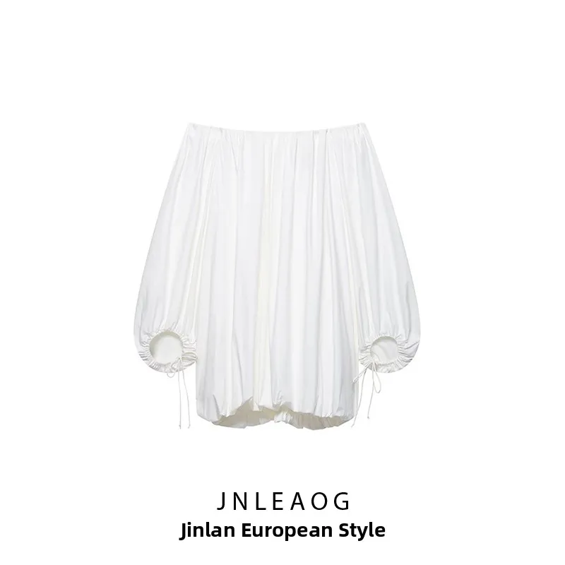 JNLEAOG Jesienna Nowa Damska Bluza z Bufiastymi Rękawami, Modny Design, Luźny Krój, Odkryte Ramiona, Długi Rękaw, Okrągły Dekolt, Włókno Poliestrowe