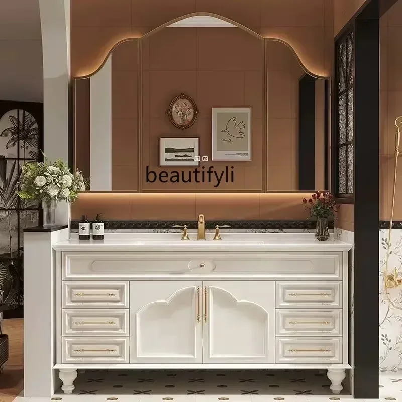 M182 1Q French retro oak bathroom cabinet combination floor-to-ceiling rock slab ceramic integrated basin washstand