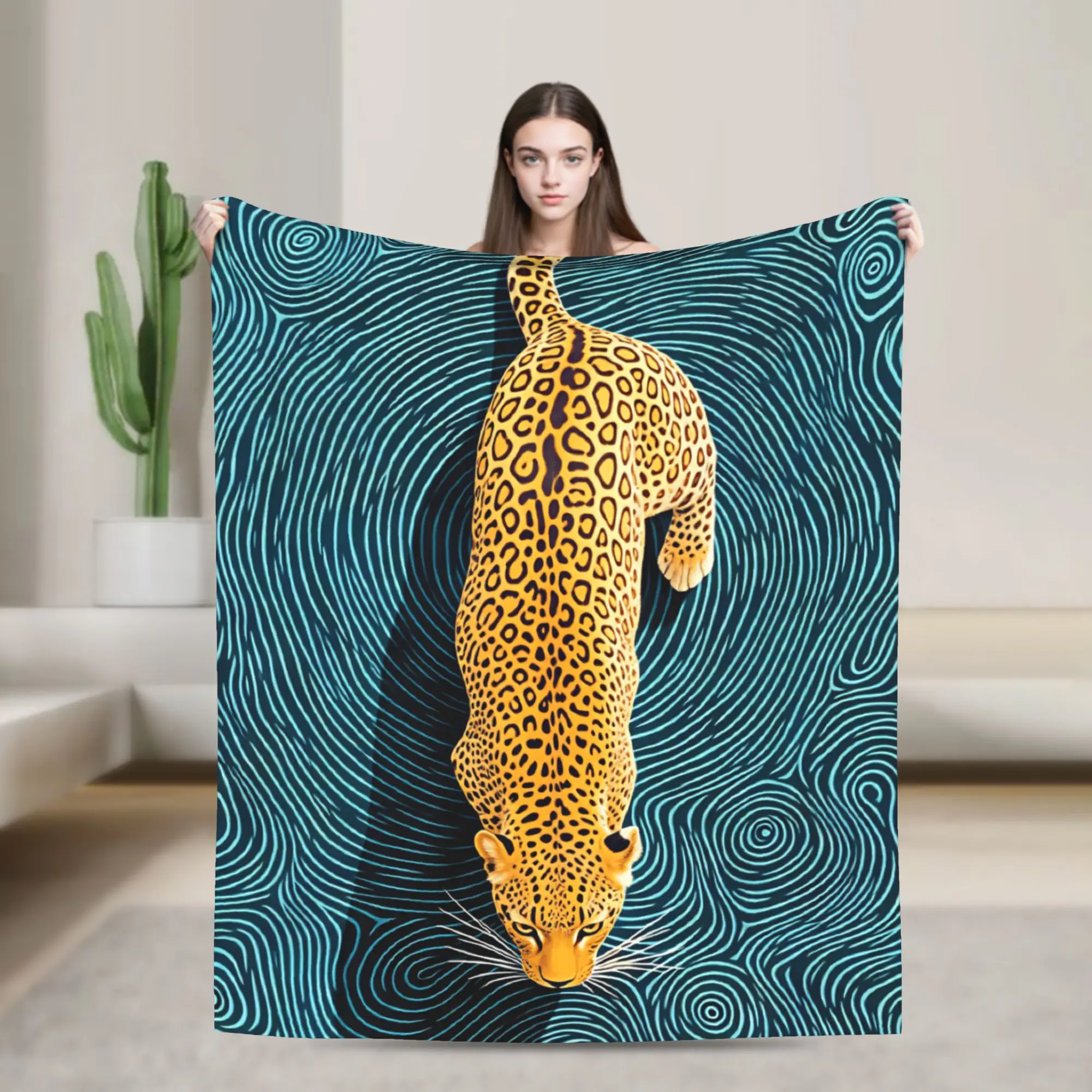 Top View Golden Leopard On Teal Swirl Art Blanket Spring Soft Throw Blanket For Adults Child Outdoor Flannel Bedspread Bed Cover