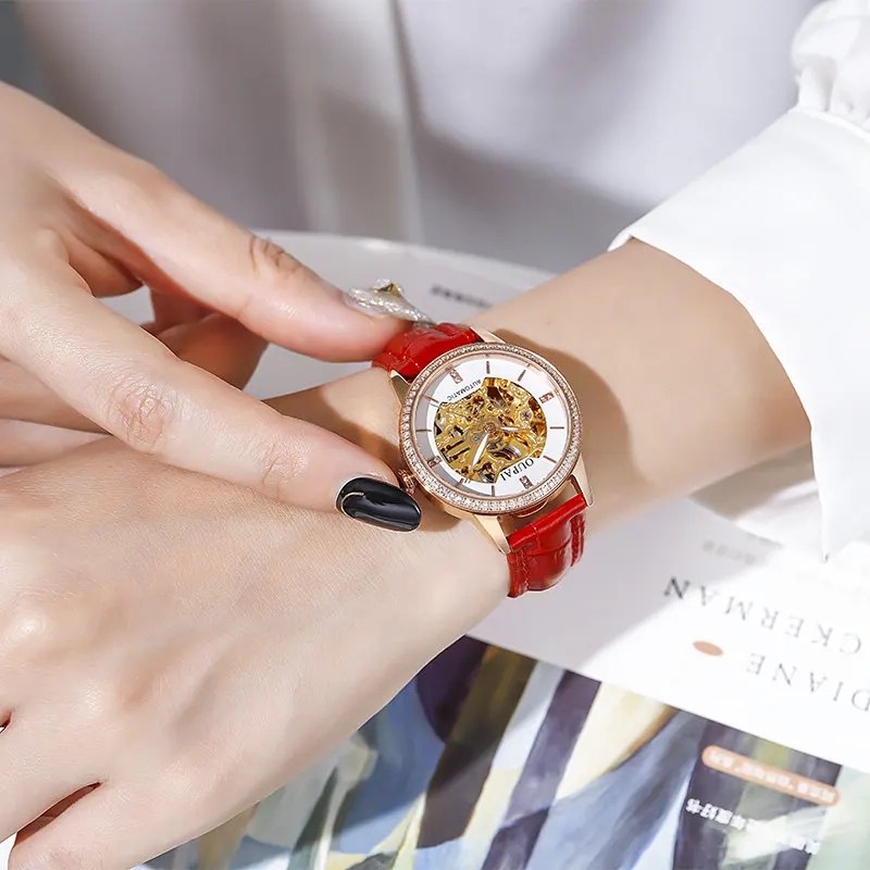 Oupai Genuine Brand Stainless Steel Mechanical Watch Women's Pointer Domineering Fashion Light Luxury Hollow Waterproof 2022 New