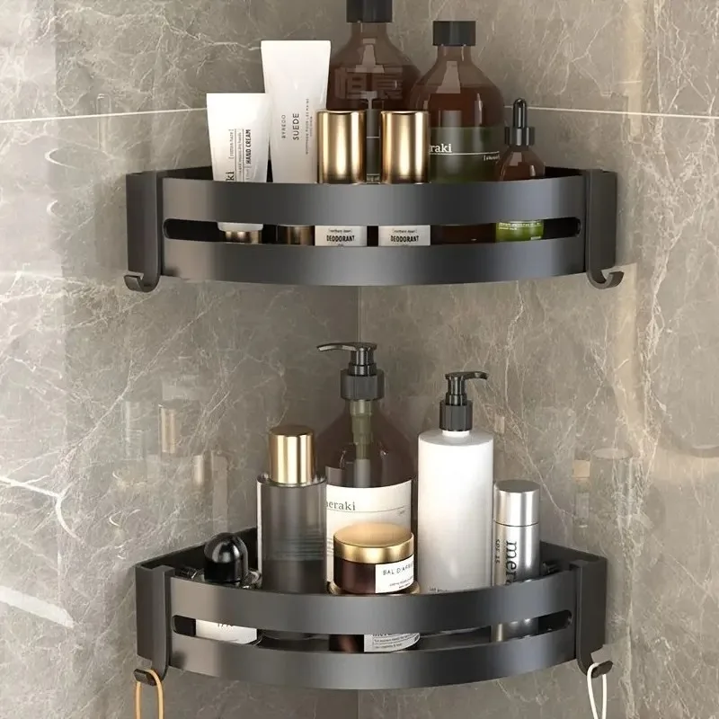 An der Wand montierter Badezimmer-Aufbewahrungsregal ohne Bohren mit Handtuchhaken, platzsparender Organizer für Toilettenartikel und Kosmetika