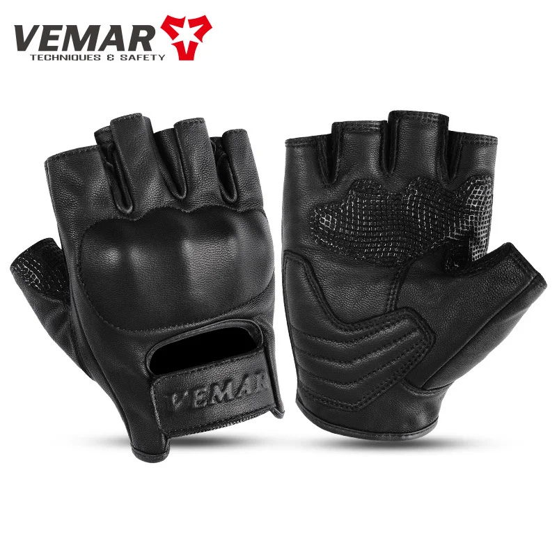 

VEMAR Men's Vintage Half Finger Motorcycle Gloves Black Sheepskin Leather Fingerless Motorcyclist Moto Biker Equipment