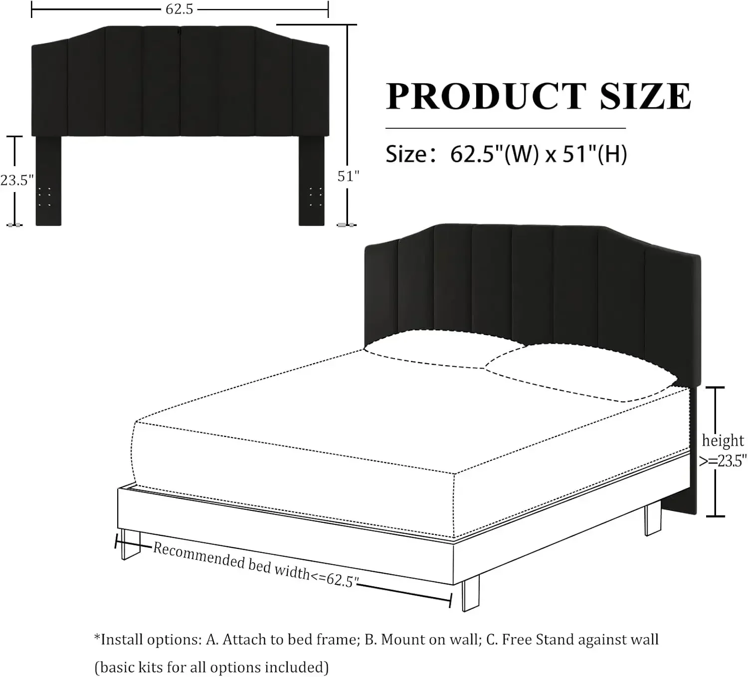 Velvet Queen Size Headboard, Upholstered Headboard Queen/Full Size Wall Mount and Bed Frame Mount, Featuring High-Density Sponge