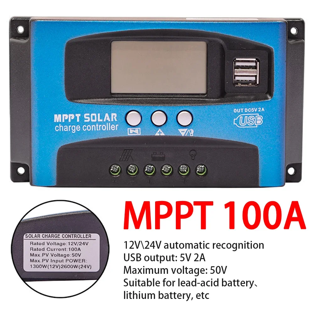 30/40/50/60/100A MPPT Solar Charge Controller Dual USB LCD Display 12V/24V Auto Solar Cell Panel Charger Regulator With Load