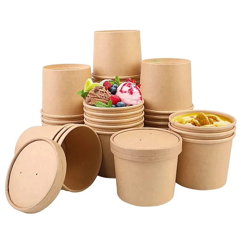 

25Pcs Disposable Oirl-proof Kraft Paper Soup Container With Lids Soup Milk Cup Paper Cup For Hot Drinking