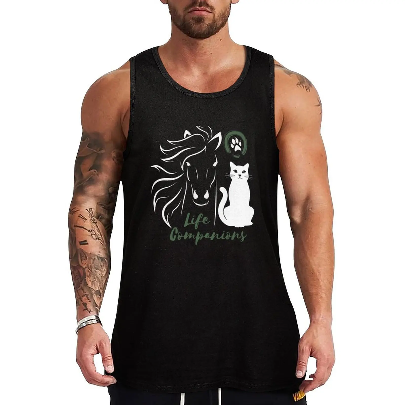 Life Companions, Cat and Horse Tank Top Sportswear for men Gym man summer clothes man 2024