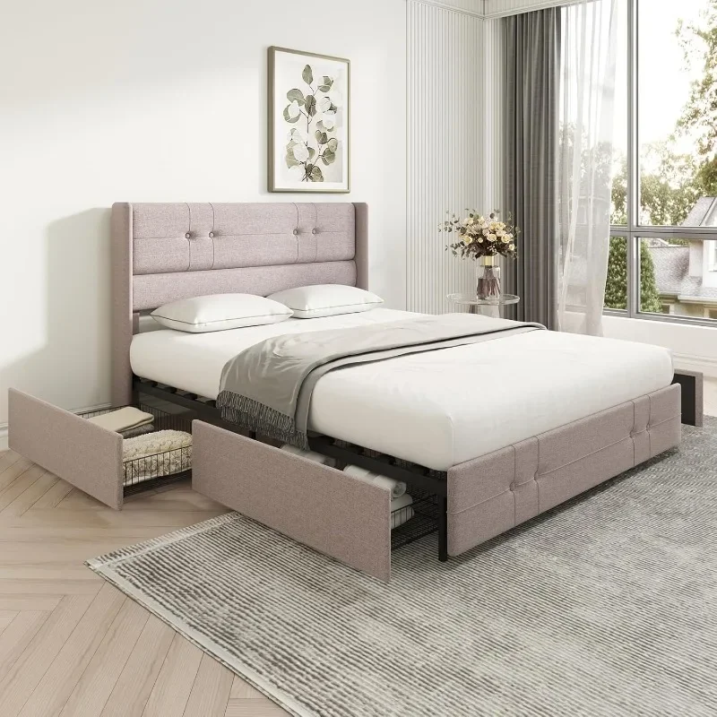 

Upholstered Queen Size Bed Frame Platform with Storage Drawers and Fabric Headboard, Non-Slip and Noise-Free Queen Bed Frame