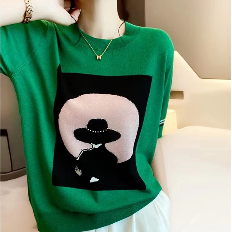 Knitted Tops Women Short Sleeve T Shirt Thin Ice Silk O Neck Tshirts Female Summer Casual Loose Woman Clothes Tees Shirt Femme