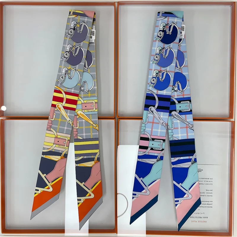 100% Silk High Quality Luxury Brand Scarf Women Headband Hair Band Foulard Tie Ribbon Neckerchief Skinny Scarves Accessories