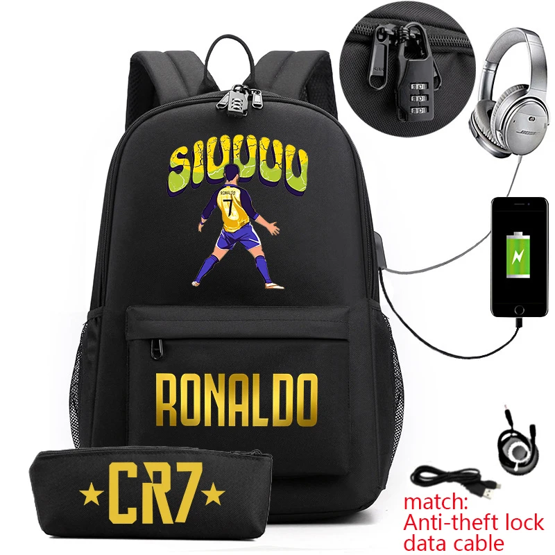 Ronaldo print borsa da scuola primaria e secondaria zaino per giovani borsa da viaggio USB con serratura antifurto