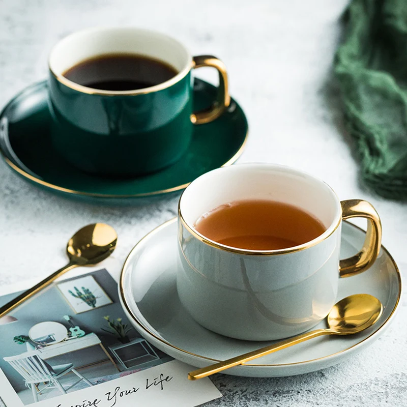 European Luxury Gold Rimmed Coffee Cups And Saucers Household 220ml Ceramic Cups And Saucers Afternoon Tea Drinkware