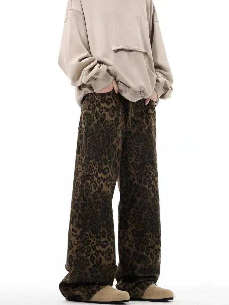 

Американские свободные повседневные брюки с леопардовым принтом, прямые длинные брюки, осенние модные широкие брюки для мужчин и женщин