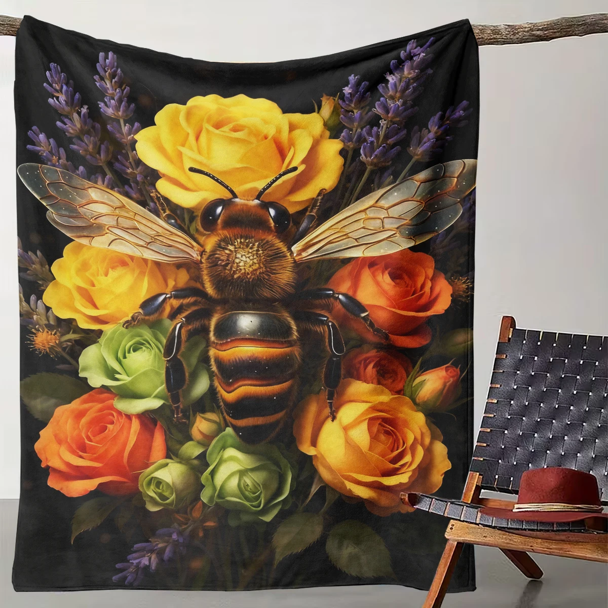 

1 natural bee rose lavender blanket flower insect fresh style flannel throw blanket