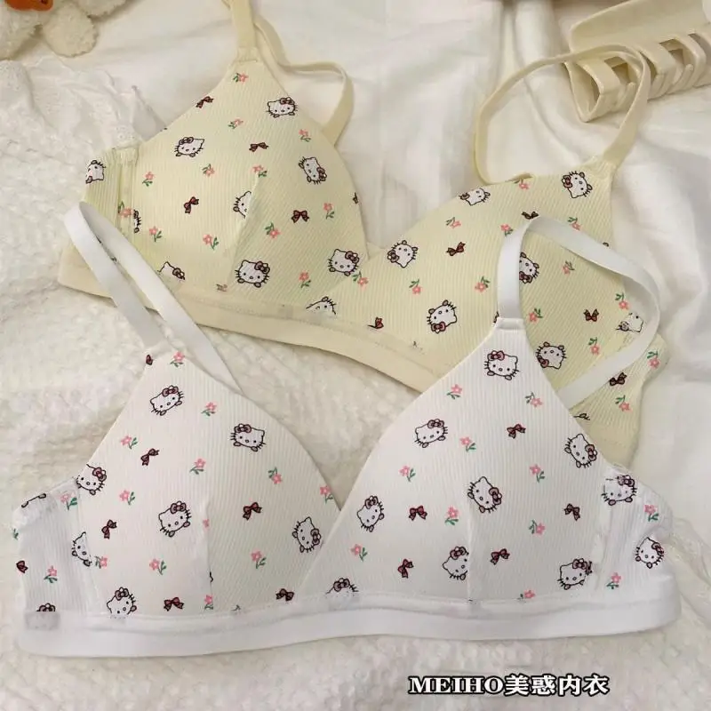 Hello Kitty Bra Kawaii Sanrio Underwear Set Anime Print Small Size Breathable Without Wires Cartoon Cute Girl Swimsuit Bra Set