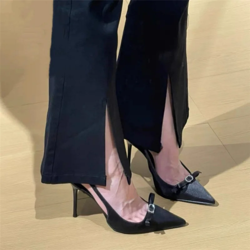 

Весенне-летние туфли-лодочки на шпильке с бантом, декорированные стразами и металлической пряжкой, для торжественных мероприятий, женские высокие каблуки