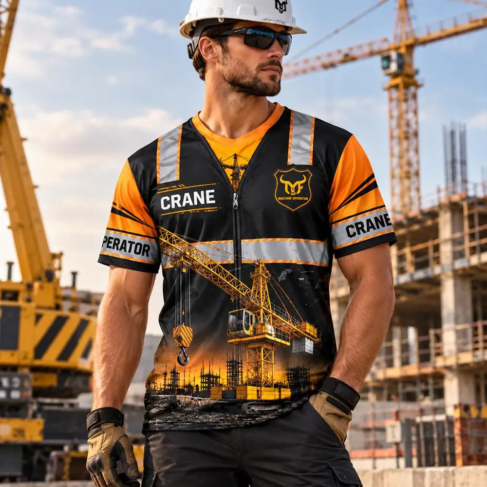 Crane Operator Work 3D Print T Shirt Construction Worker Graphic Print Short Sleeve Tee Heavy Equipment Operator Crewneck Top