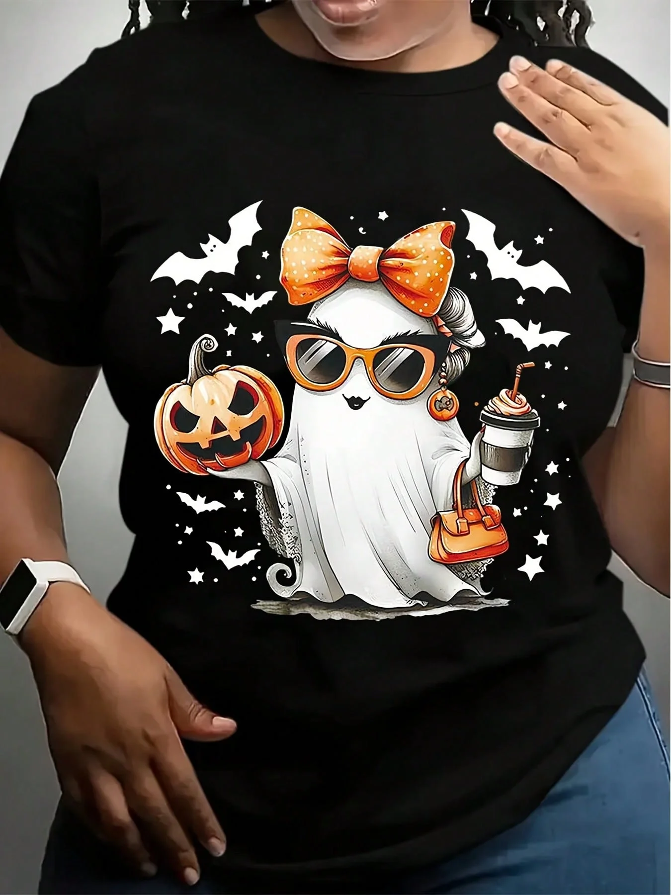 

Женская футболка больших размеров с рисунком на Хэллоуин — мягкий, прочный повседневный топ с круглым вырезом на весну, лето и осень — можно стирать в машине