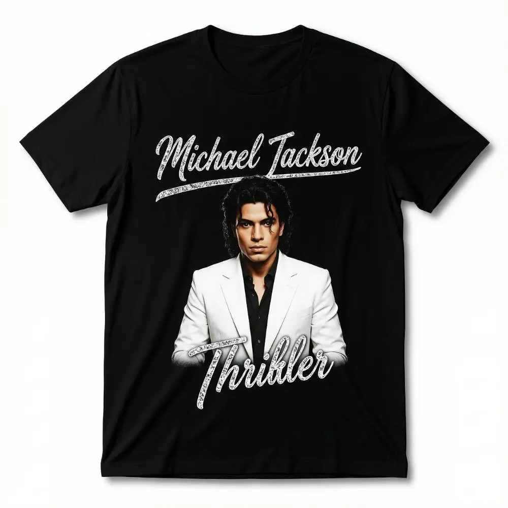 Michael Jackson Thriller Vintage Distressed Script Portrait Graphic T Shirt Classic King Of Pop Retro Music Black Short Sleeve Tees