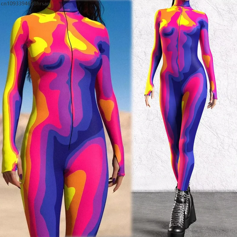 

Sexy Colorful Rainbow Print Jumpsuit Catsuit Festival Halloween Adult Cosplay Bodysuit Rave Outfit Carnival Yoga Skating Suit