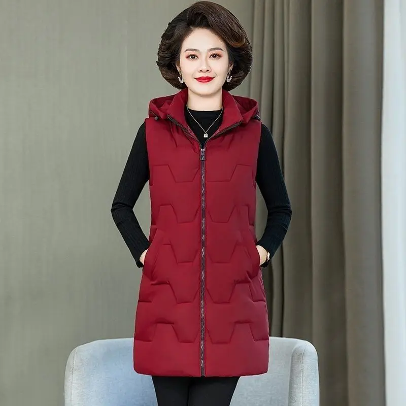 

Autumn Winter Mother's Down Cotton Waistcoat Jacket 6XL Detachable Hooded Slim Sleeveless Coat Solid Casual Women's Long Vest