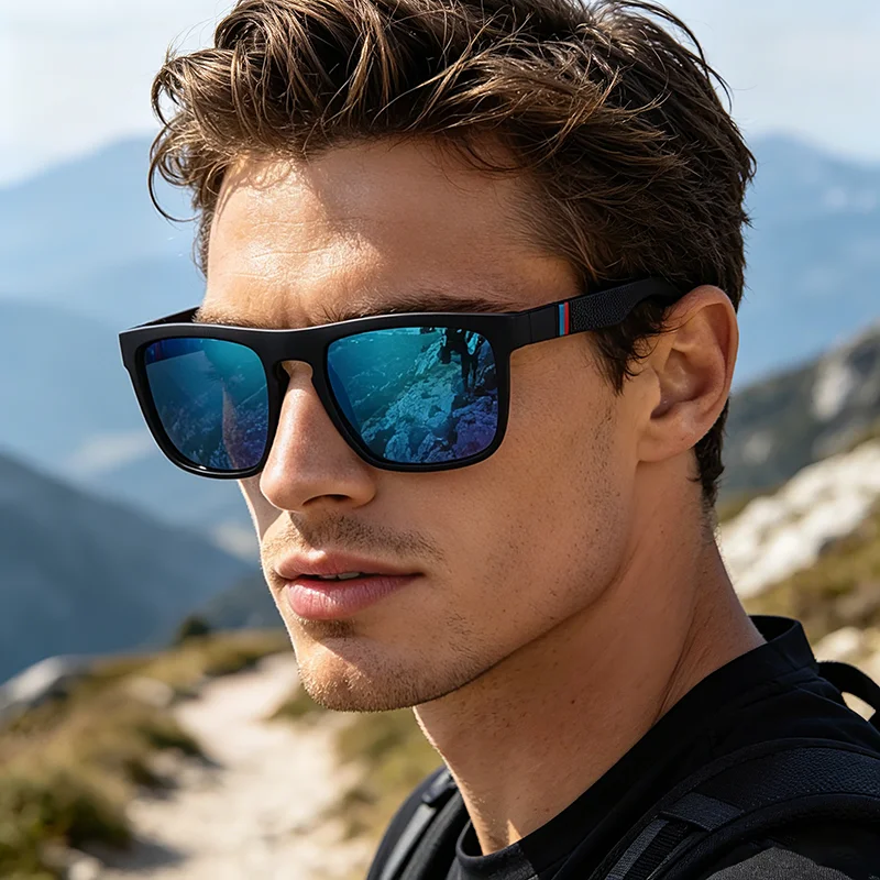 KIDIN Men Polarized Square Sunglasses UV400 Anti-Glare Classic Black Wide Temple for Driving Travel Outdoor Daily Wear