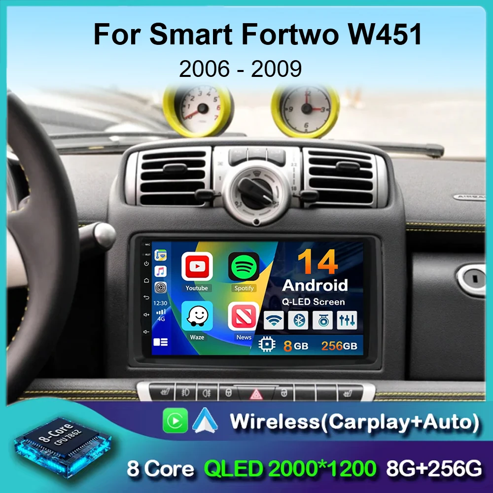 

Android 14 Carplay для Smart Fortwo W451 2006 2007 2008 2009 автомобильное радио GPS-навигация мультимедийный видеоплеер стерео 2Din DVD