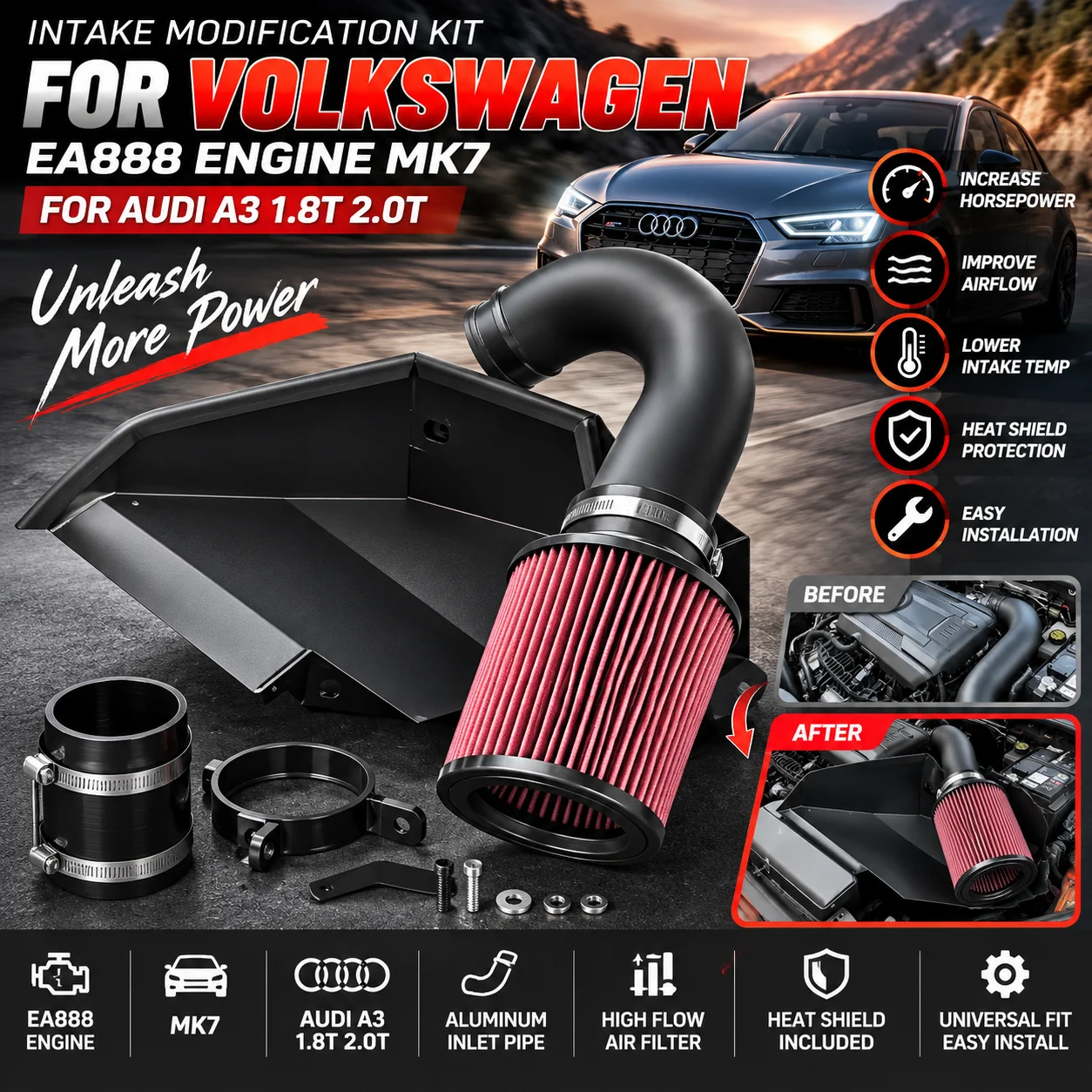 Image of Ansaugmodifikations-Kit für Volkswagen EA888 Motor Mk7 für Audi A3 1.8T 2.0T Turbo Ansaugrohr Luftfilter Ansaugsystem Kaltluftansaugung Kit Hochleistungs-Ersatz Autozubehör Aluminium-Silikon-Schlauch