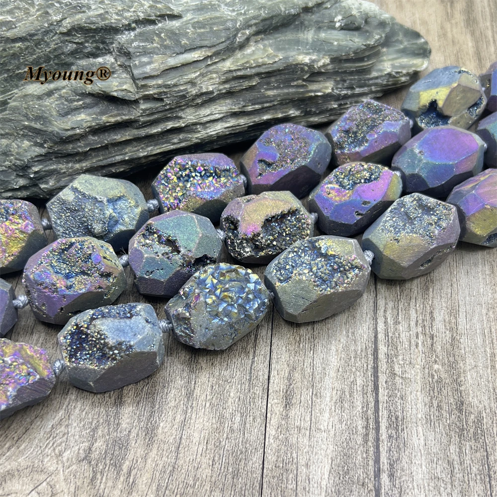 Rainbow Titanium Plated Large Faceted Agates Geode Stone Cutting Nugget Beads For DIY Jewelry Making MY230431