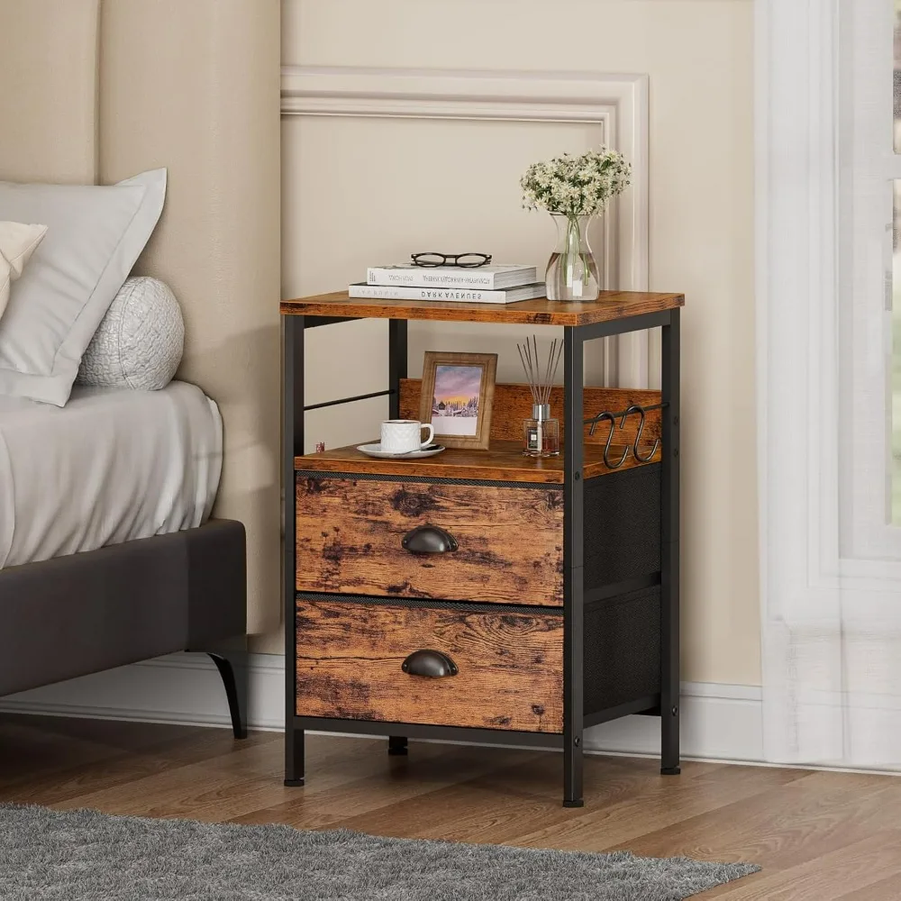 Nightstands.Nightstand with 2 Fabric Drawers, Bedside Table, End Table with Open Wood Shelf, Side Sofa Table with 2 Hooks