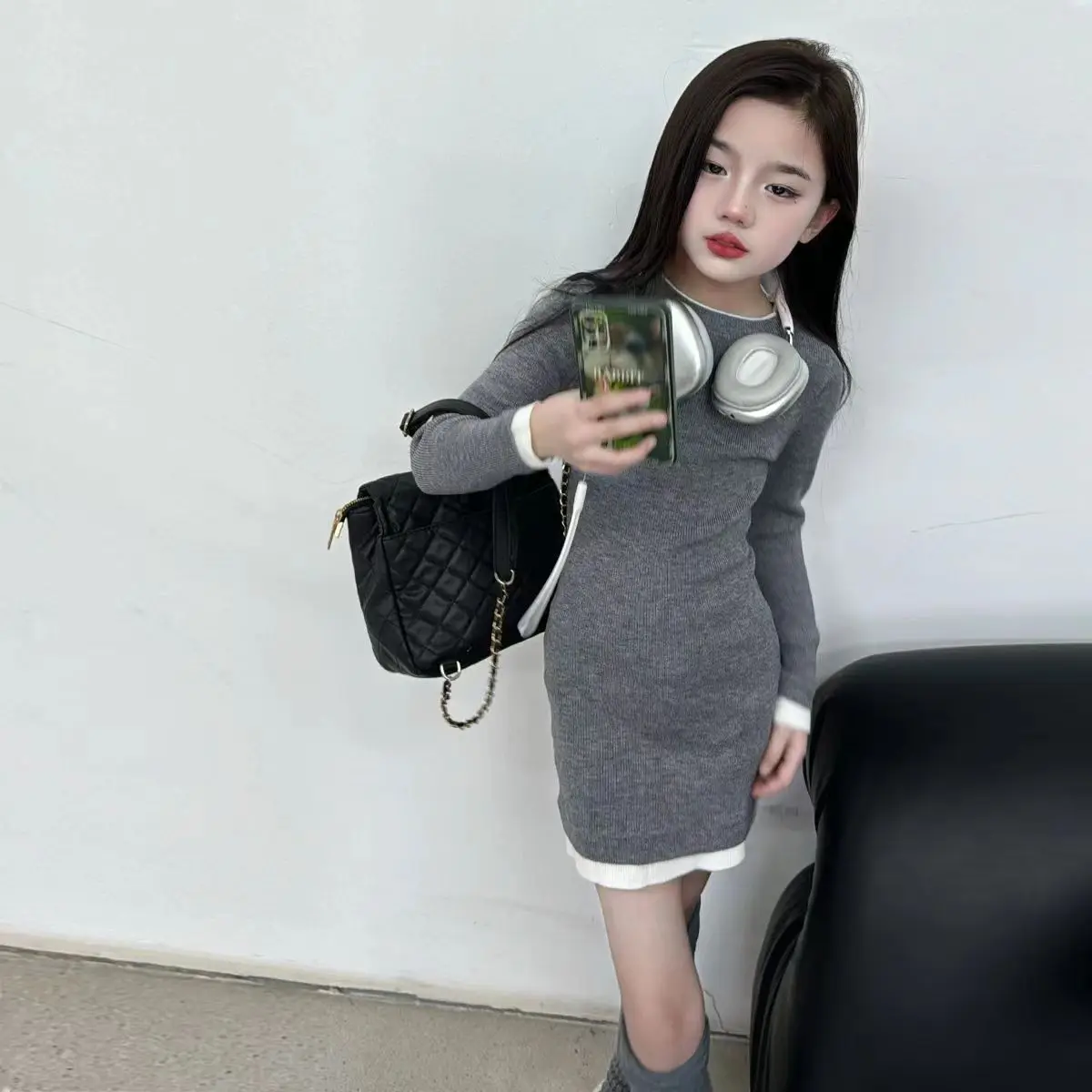 

Girls' 2025 New 2-Piece Illusion Cinched Waist Knit Dress Autumn Fall/Winter Base Layer Slim-Fit Slimming Short Dress for 4-12Y