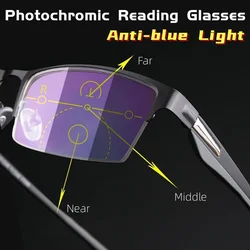 Titanium Multifocal Photochromic Reading Glasses Men TR90 Progressive Bifocal Anti Blue Light UV Protective Presbyopic Glasses