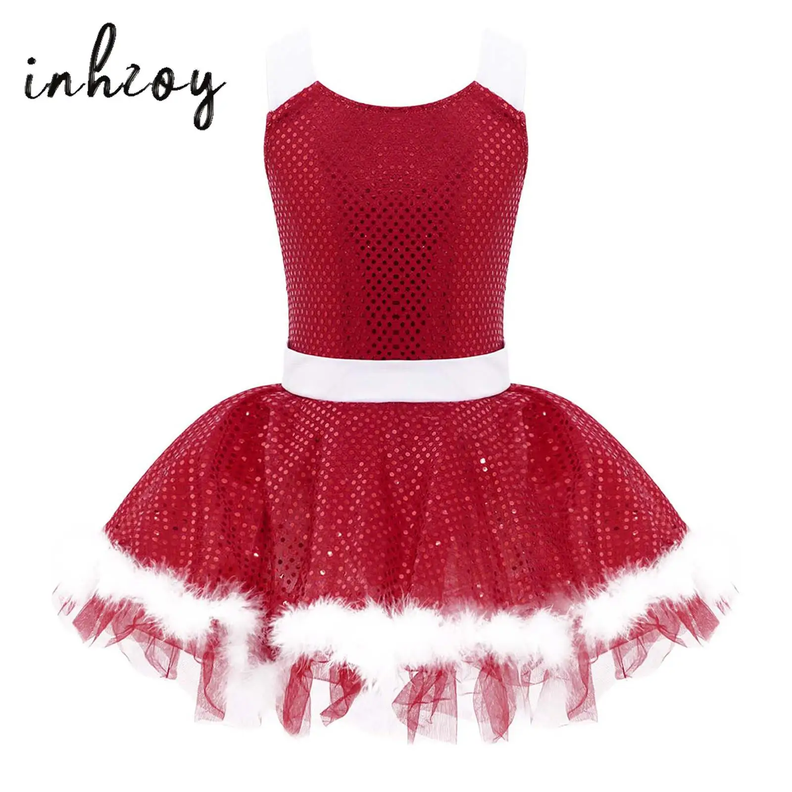 

Kids Girls Christmas Dance Costume Faux Fur Sequins Santa Claus Leotard Dress Ballet Tutu Figure Ice Skating Roller Dancewear