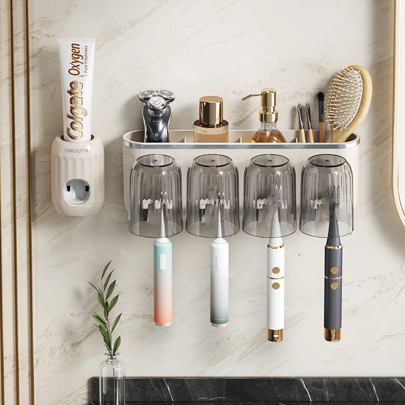Wall-mounted Toothbrush Holder No Punching Multifunctional Toothbrush Rack Toothpaste Squeezer Storage Box Bathroom Accesories