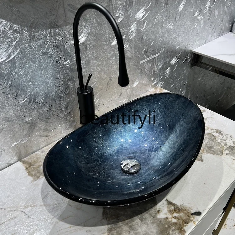 Tempered glass table basin simple gray-blue art basin ingot shape