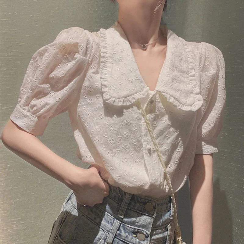 Sweet Cute Blouses Women Summer Korean Elegant Peter Pan Collar Puff Short Sleeve Shirts Office Lady Fashion Loose Casual Tops